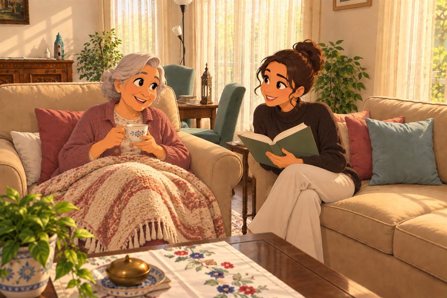 Illustration of an older woman resting with a cup of tea while her daughter reads beside her