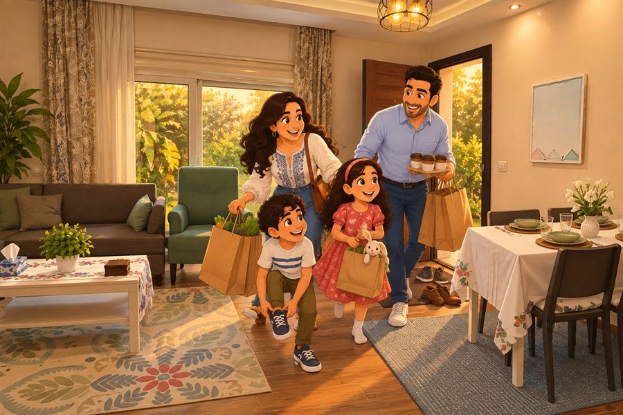 Illustration of a family arriving home with shopping bags and coffee in the evening