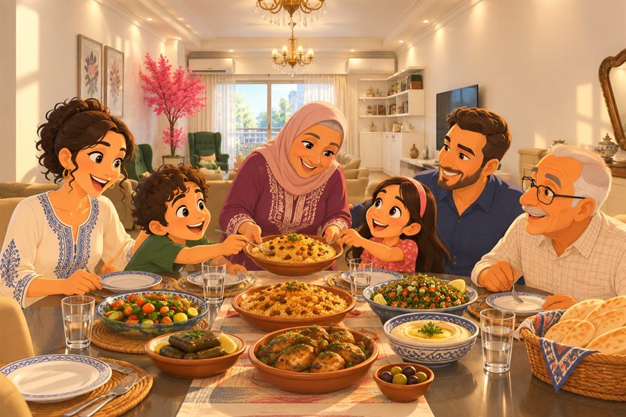Illustration of three generations of a family sharing a meal in a sunlit home