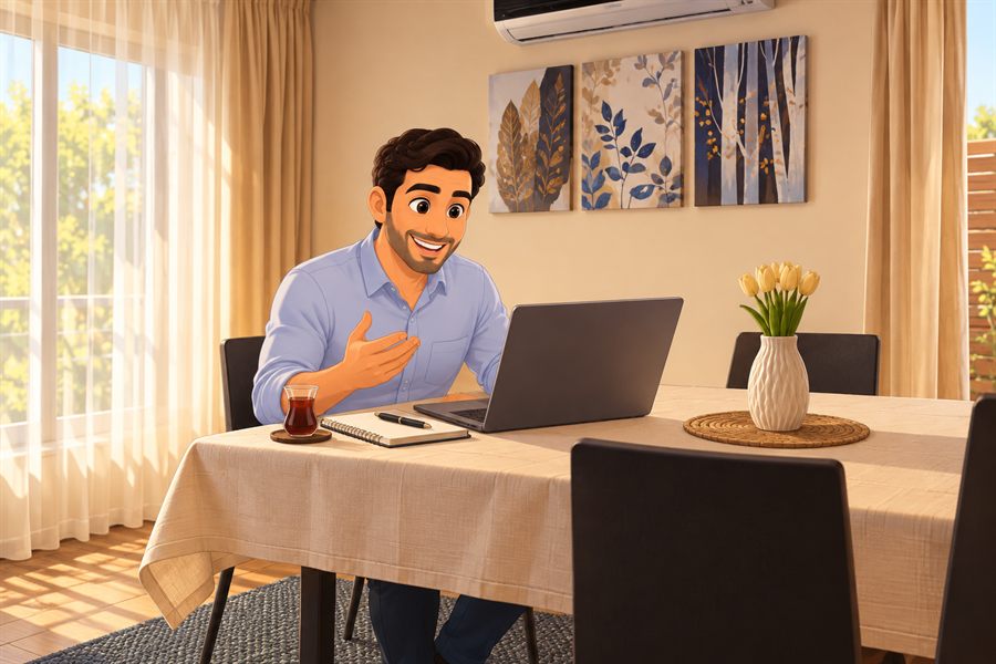 Illustration of a guest on a video call at the dining table, daylight through the window