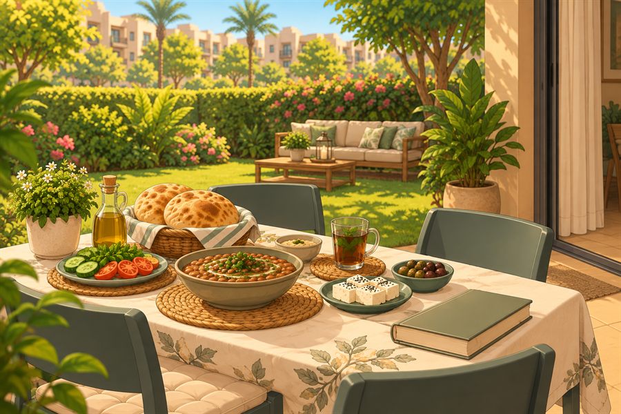 Illustration of an Egyptian breakfast laid out on a sunlit balcony table