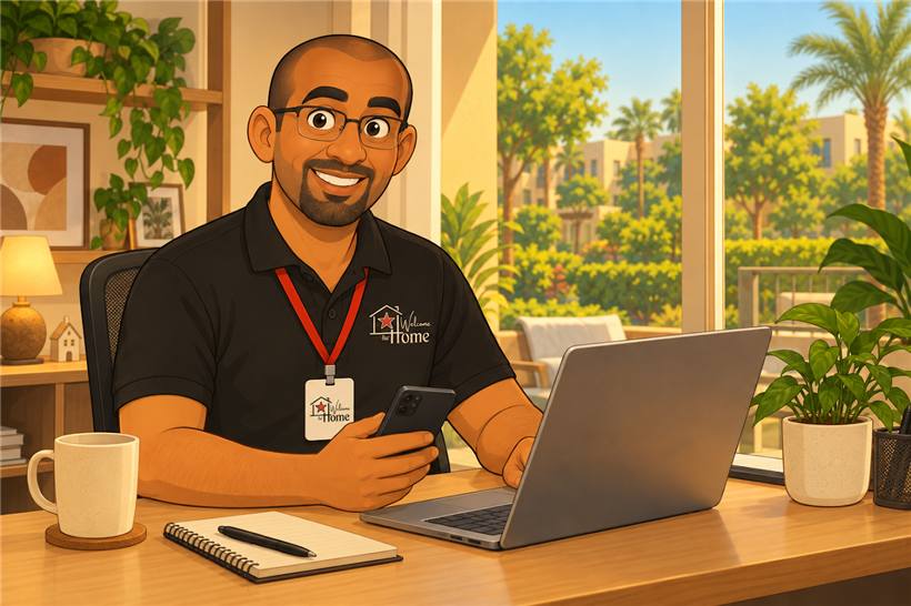 Illustration of Dani at his desk with a laptop and phone, answering guest messages