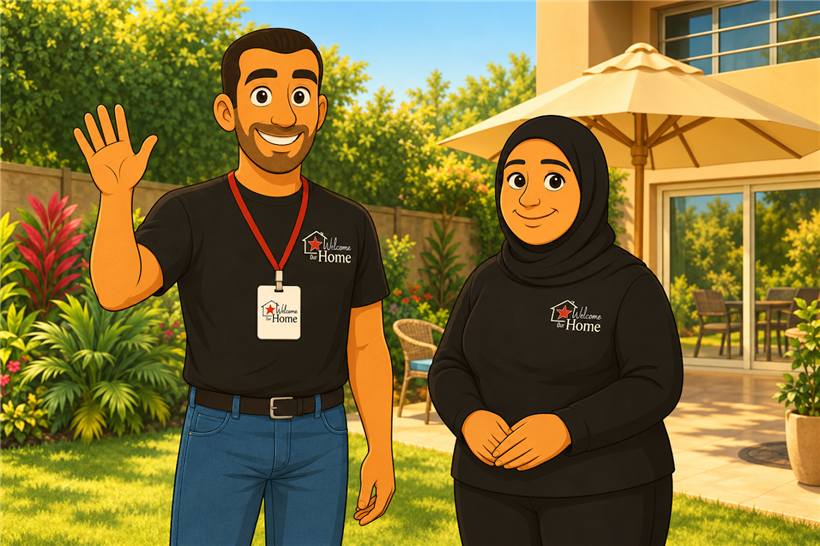 Illustration of Emad waving and Amal standing in the compound garden, both in OurWelcomeHome shirts