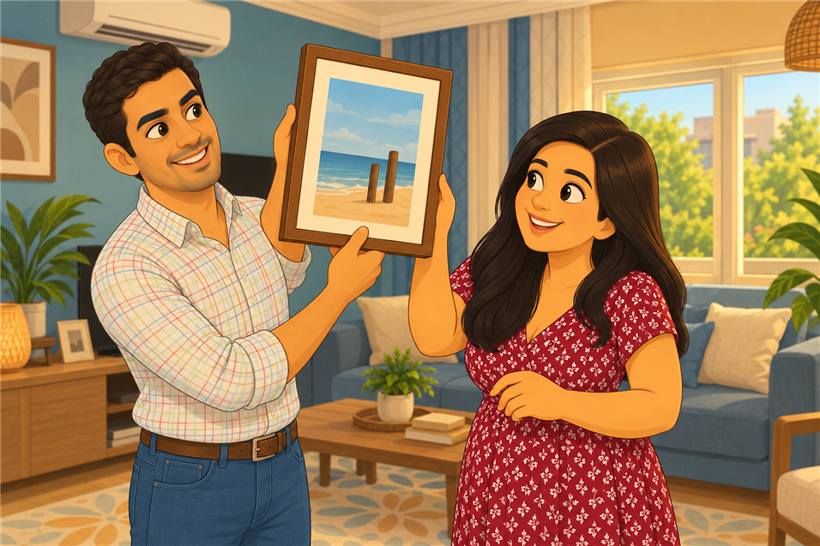 Illustration of Khaled and Sarah hanging a picture while preparing a home