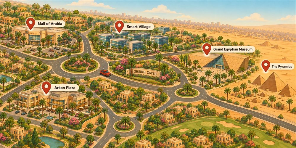 Illustrated map of Sheikh Zayed showing Mall of Arabia, Smart Village, the Grand Egyptian Museum and the Pyramids