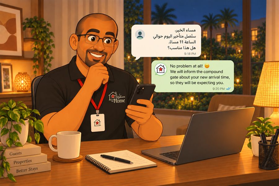 Illustration of Dani answering a guest's message in the evening