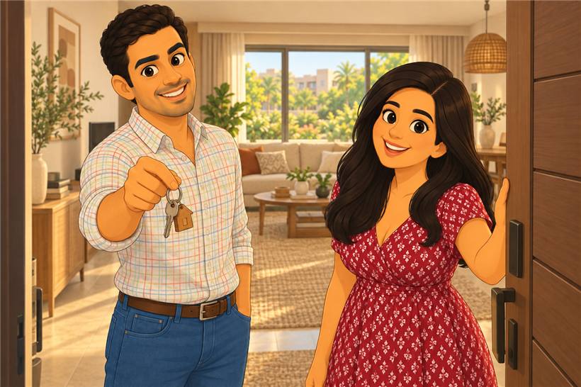 Illustration of Khaled and Sarah welcoming a guest at the front door, holding out the keys