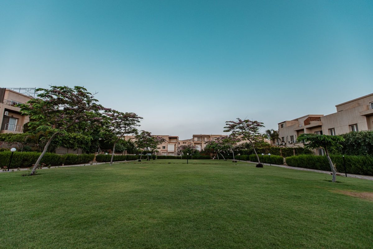 Shared lawns and planting inside the residential compound
