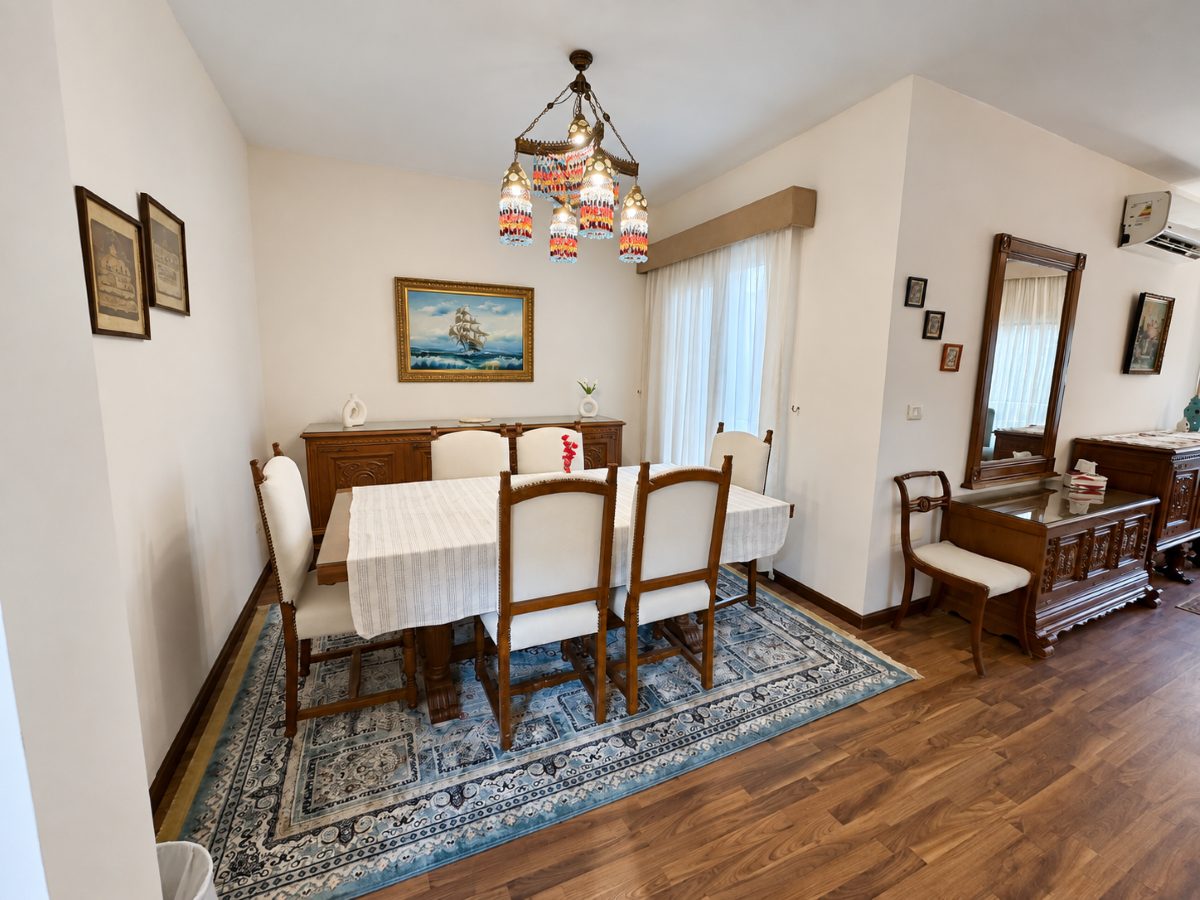 Separate dining area with vintage furniture and an Egyptian pendant light