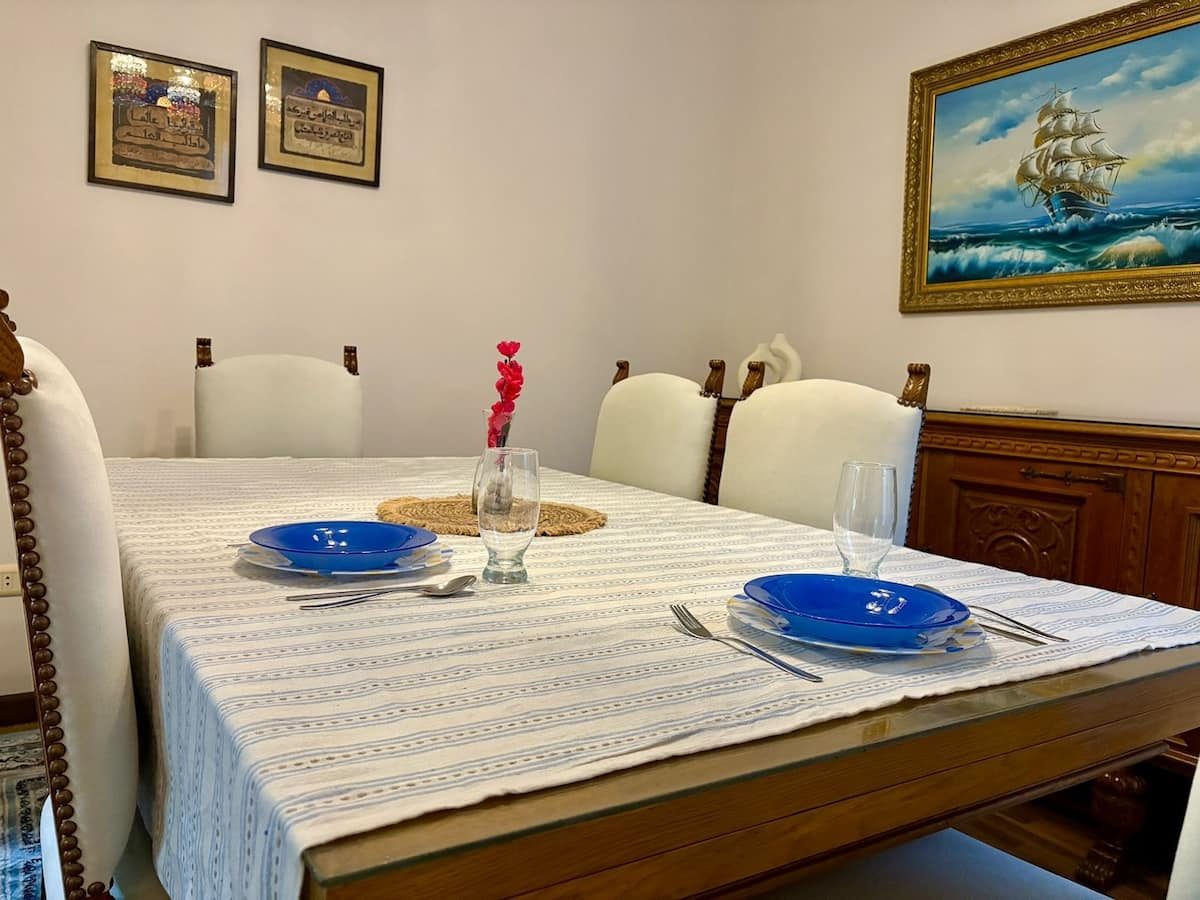 A closer look at the dining table and vintage furnishings