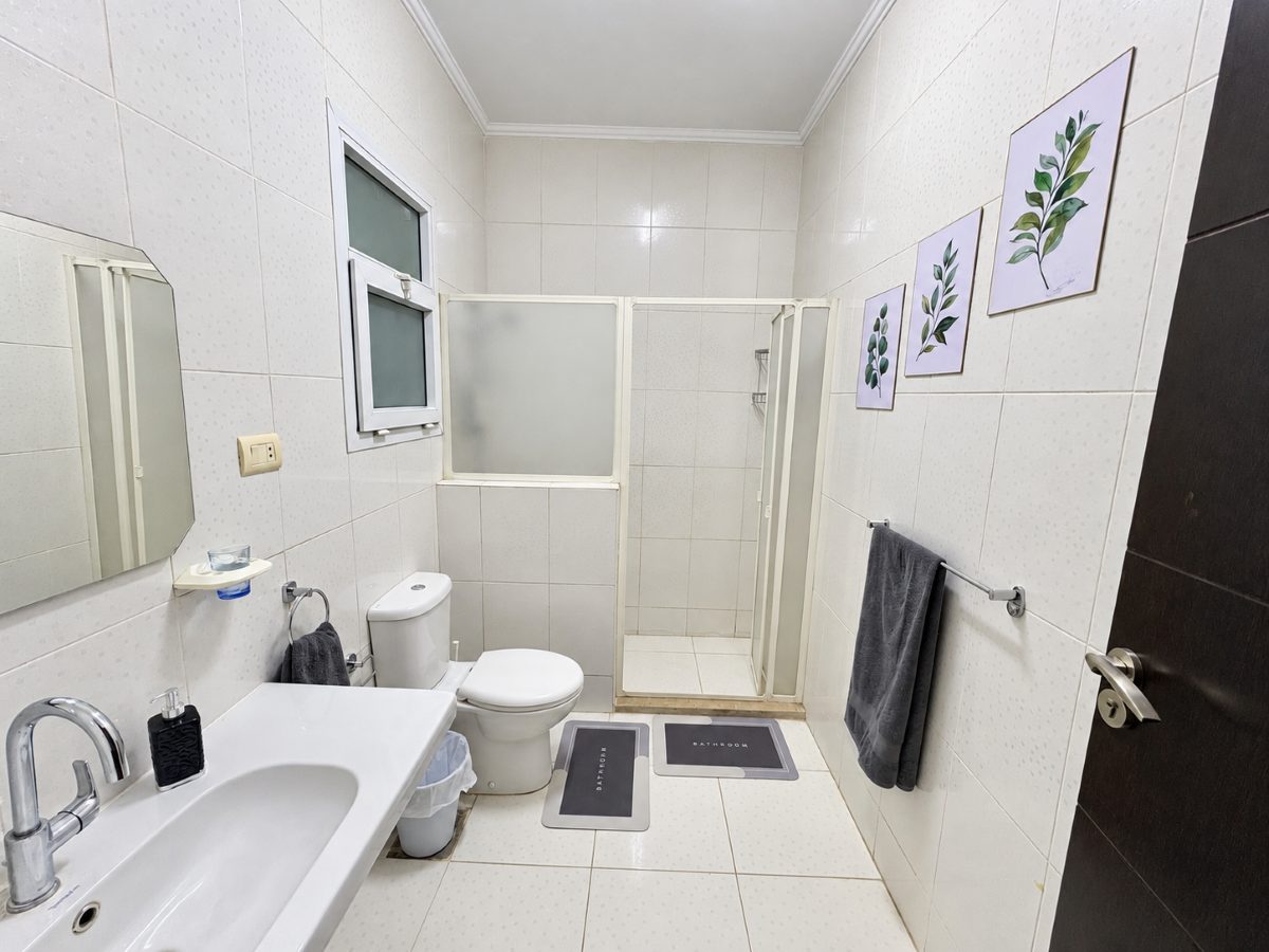 Full bathroom with a shower enclosure, basin and toilet