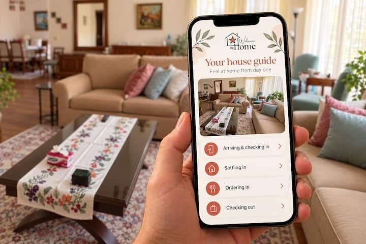 Your digital house guide brings arrival information and practical tips together on your phone. Illustrated preview.