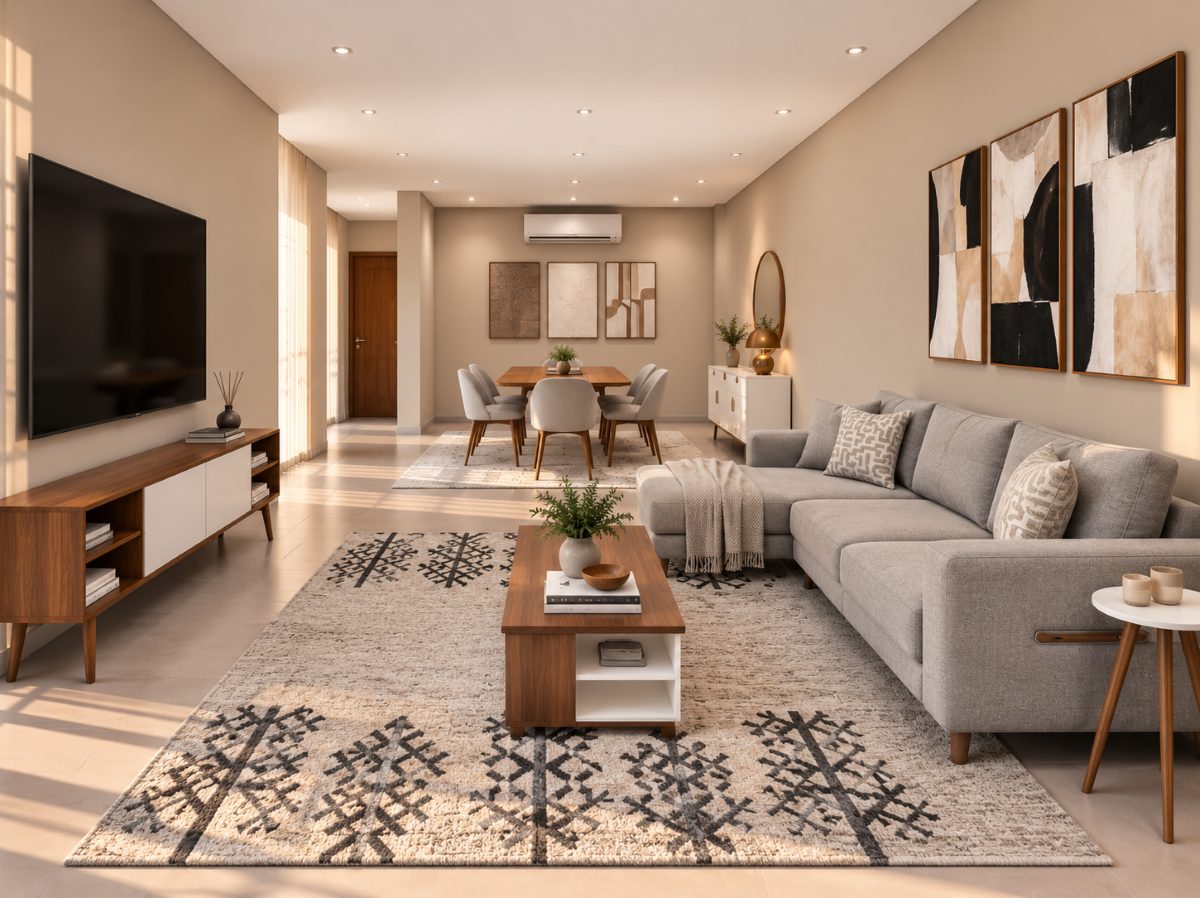 Furnishing concept — an AI-generated preview of the planned living and dining areas, not a photograph of the finished apartment. Final furnishings and details may differ.
