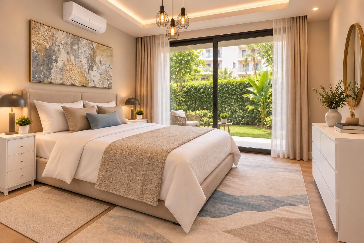 Furnishing concept — AI-generated preview of the master bedroom, planned with a 180 cm-wide bed and en suite shower bathroom. Final furnishings and views may differ.