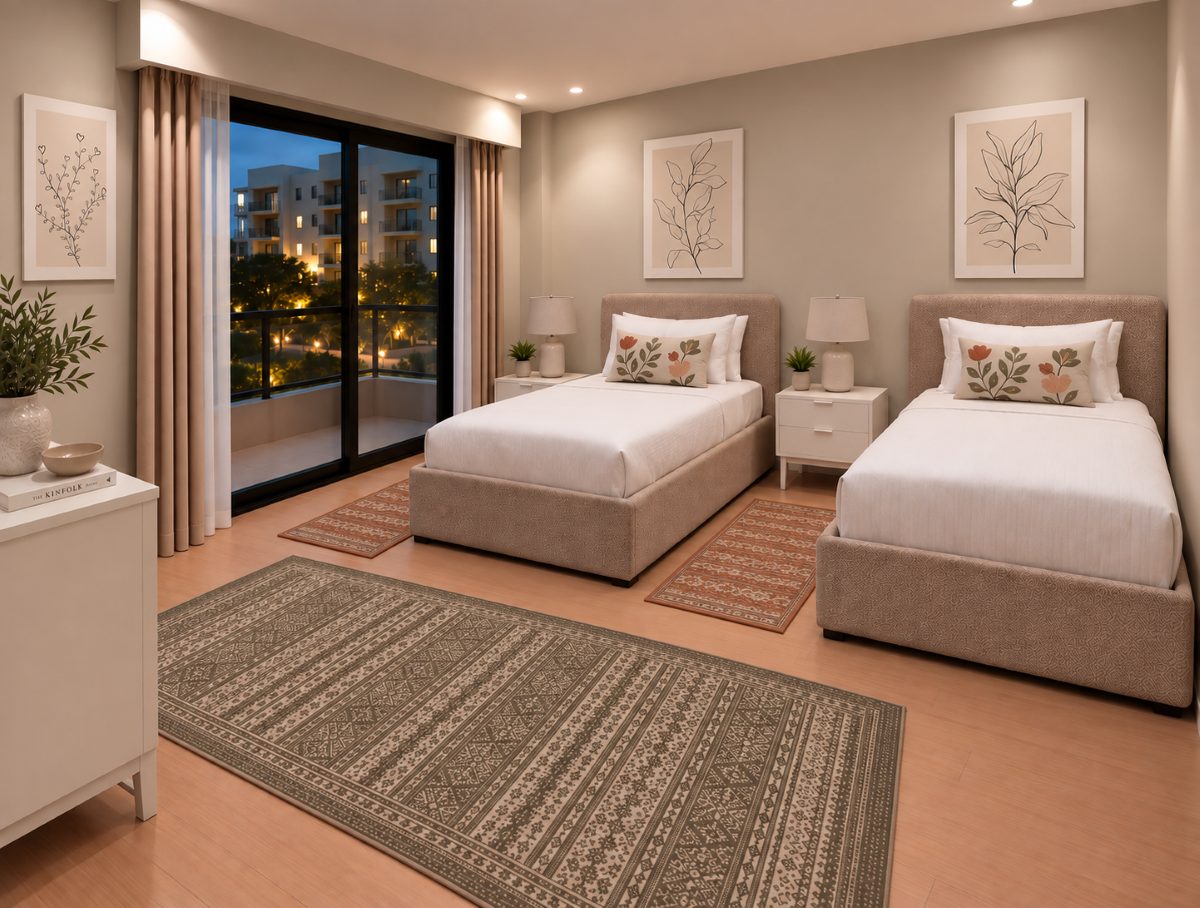 Furnishing concept — AI-generated preview of the second bedroom, planned with two 100 cm-wide beds. Final furnishings and outdoor views may differ.