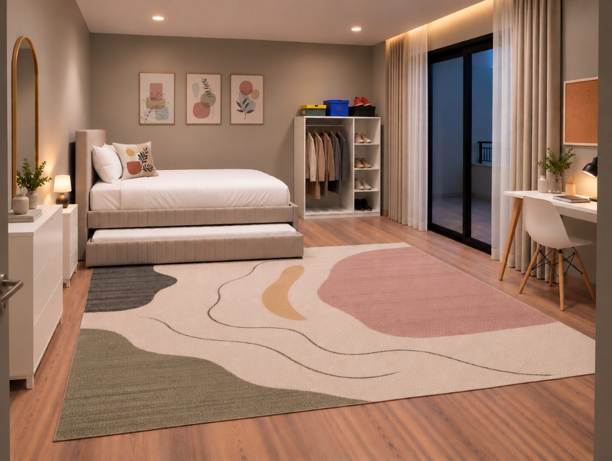 Furnishing concept — AI-generated preview of the bedroom/workspace, planned with a 120 cm bed, 100 cm pull-out bed, desk and chair. Final furnishings and views may differ.