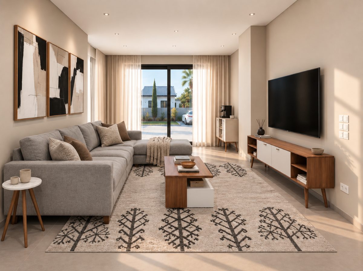 Furnishing concept — AI-generated preview of the planned living room. Final furnishings, appliances and outdoor views may differ; this is not a photograph of the finished home.