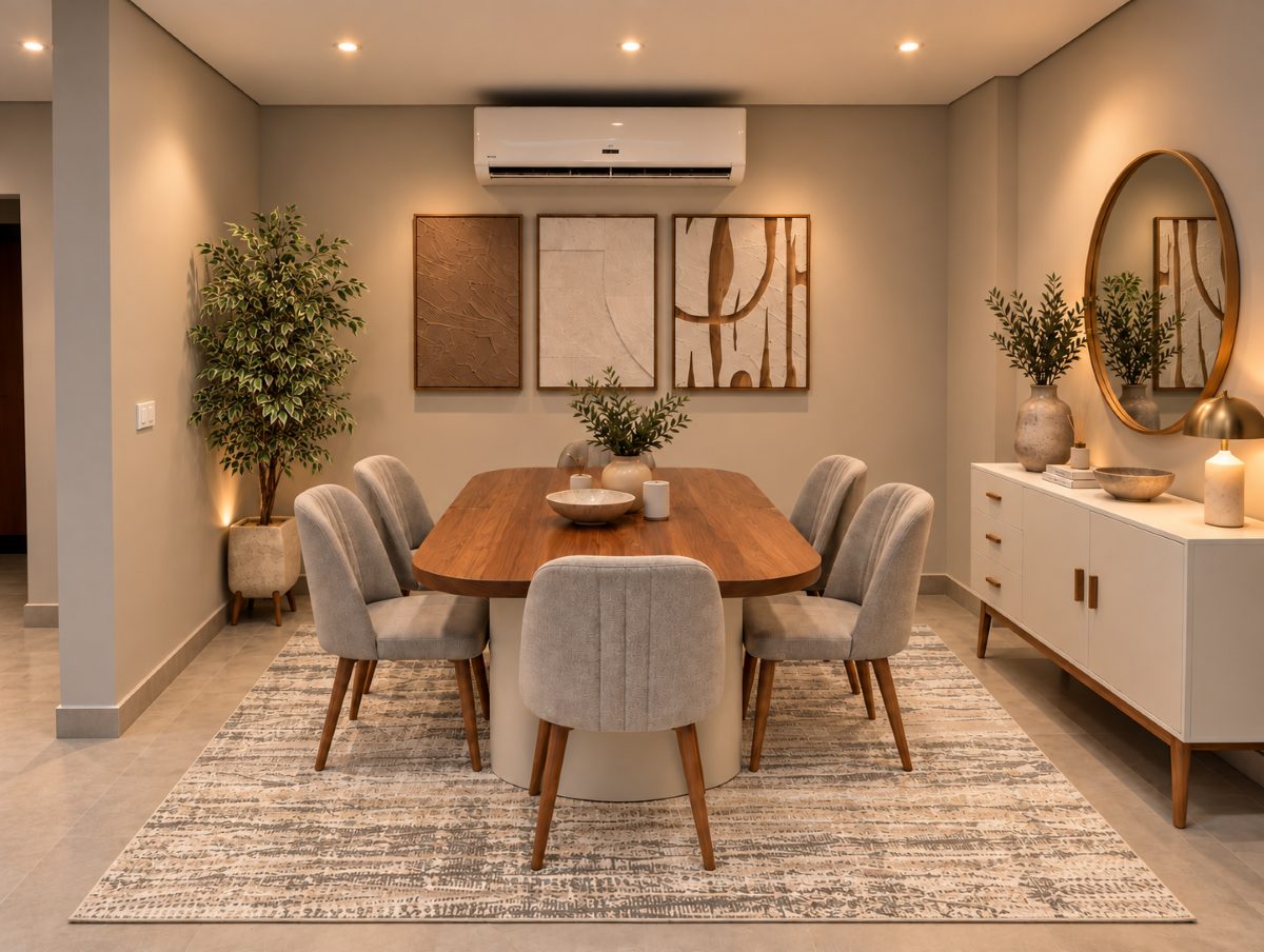 Furnishing concept — AI-generated preview of the planned dining area. This is not a photograph of the finished apartment; final furnishings and details may differ.