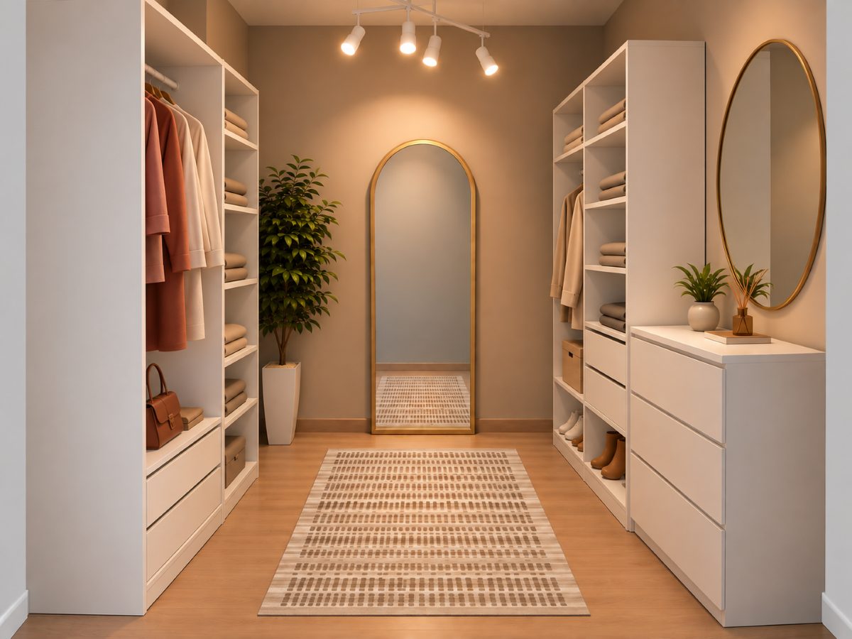 Furnishing concept — AI-generated preview of the planned dressing and storage area. Clothing and decorative items are illustrative; final details may differ.