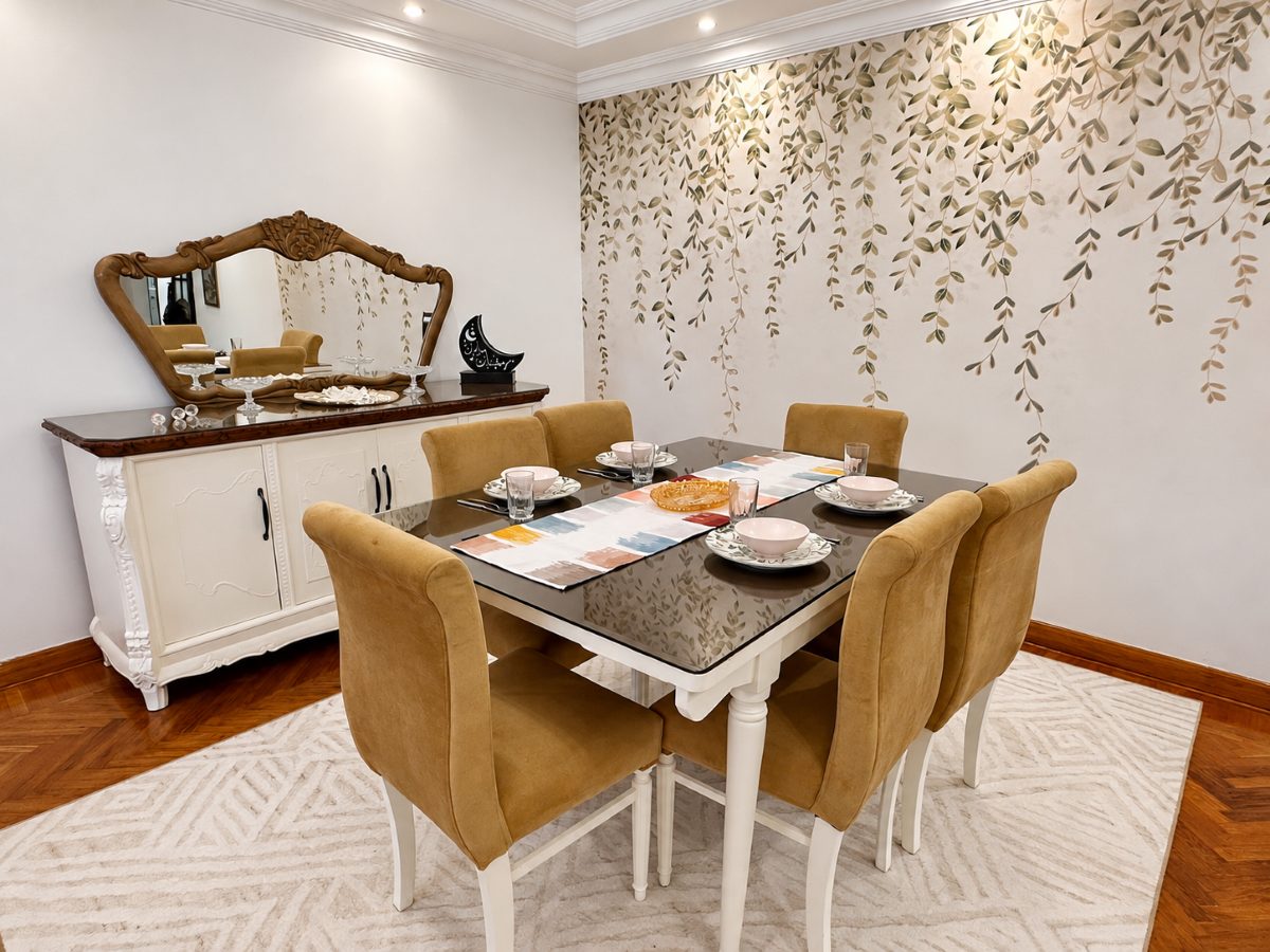 Dining table laid for six under a pendant light