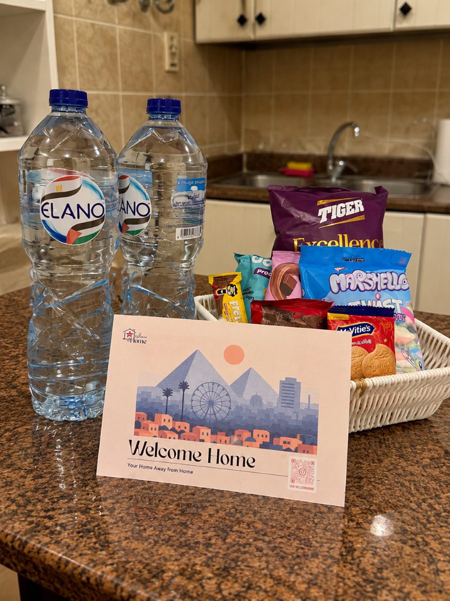 Welcome basket of snacks and bottled water on the counter