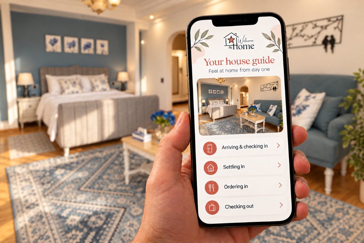 Your digital house guide brings arrival information, appliance instructions and local tips together on your phone. Illustrated preview.
