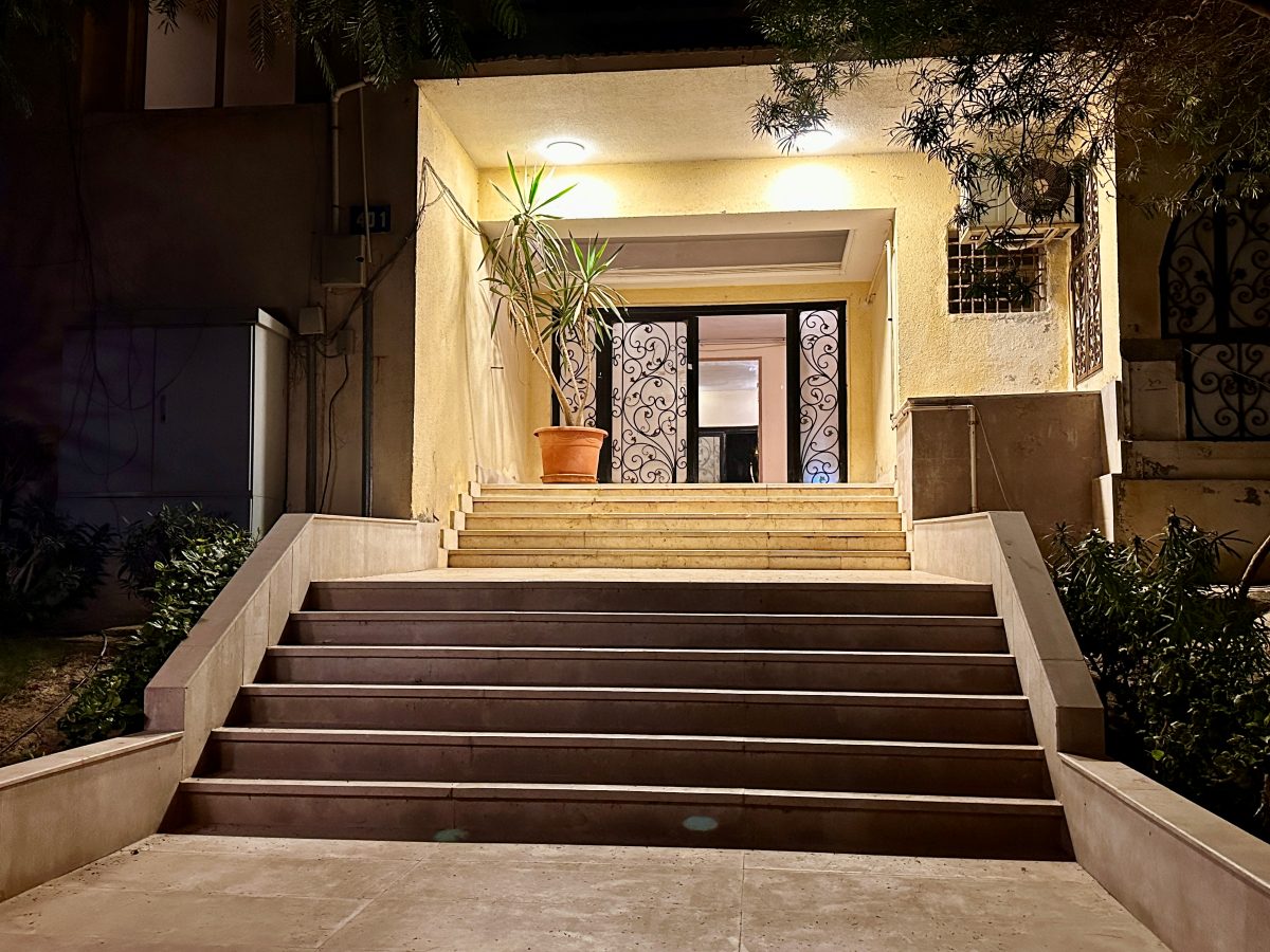 The approach to the building, showing the steps before the lift