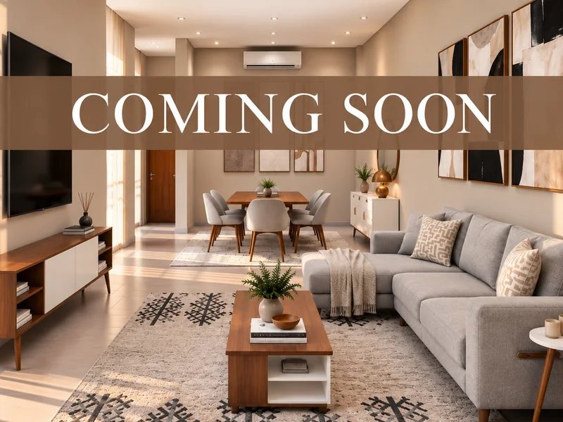 Furnishing concept for the living and dining areas, captioned Coming Soon
