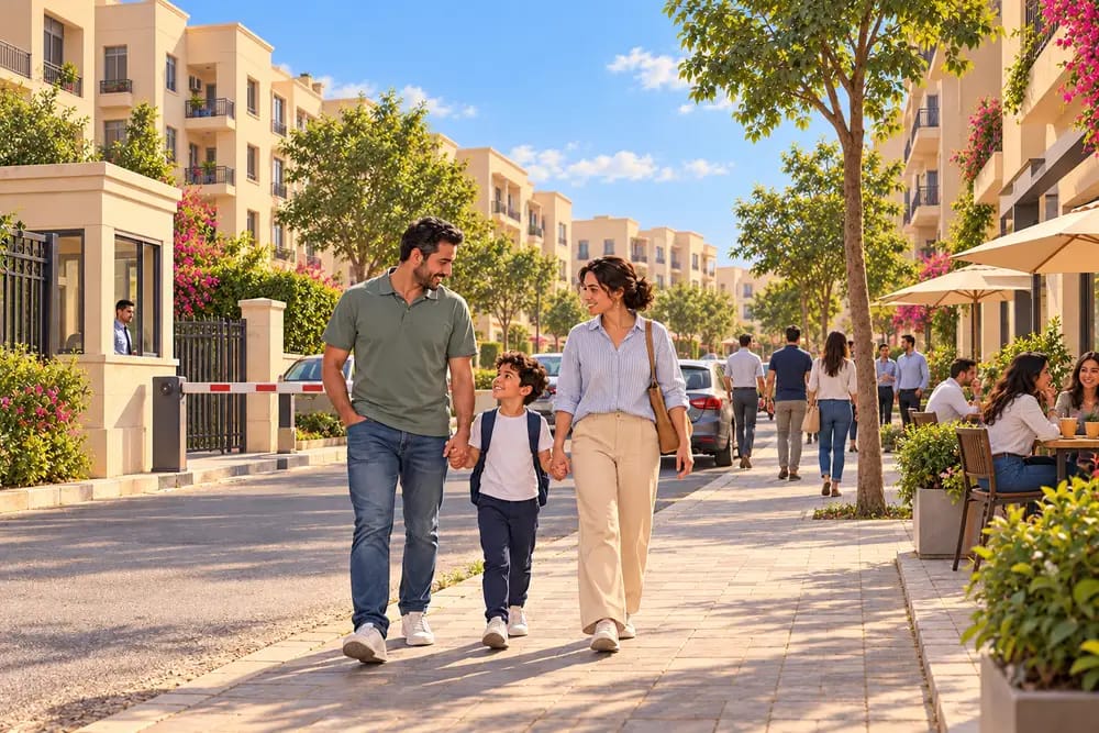 Illustration of a family walking together along a tree-lined street inside the compound