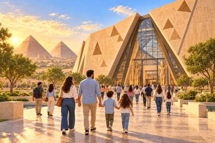 Illustration of a family walking towards the Grand Egyptian Museum with the Pyramids behind it