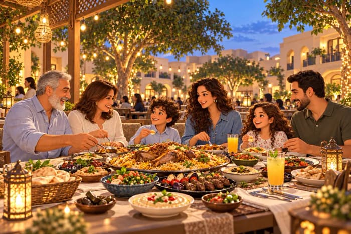 Illustration of a family around a long table laid with Egyptian dishes in a lantern-lit courtyard