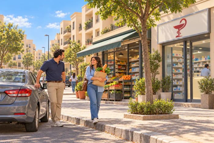 Illustration of a couple walking past a pharmacy and a greengrocer on a leafy neighbourhood street