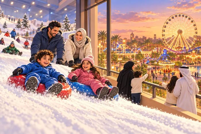 Illustration of children sledging on real snow at an indoor snow park while their parents watch