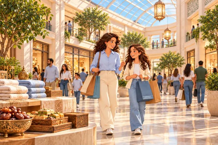 Illustration of two friends walking through a bright mall carrying shopping bags