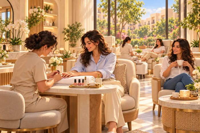 Illustration of friends at a sunlit cafe table with coffee and a manicure in progress